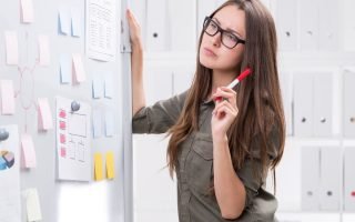Woman writing on strategy board - Visibility strategy for women